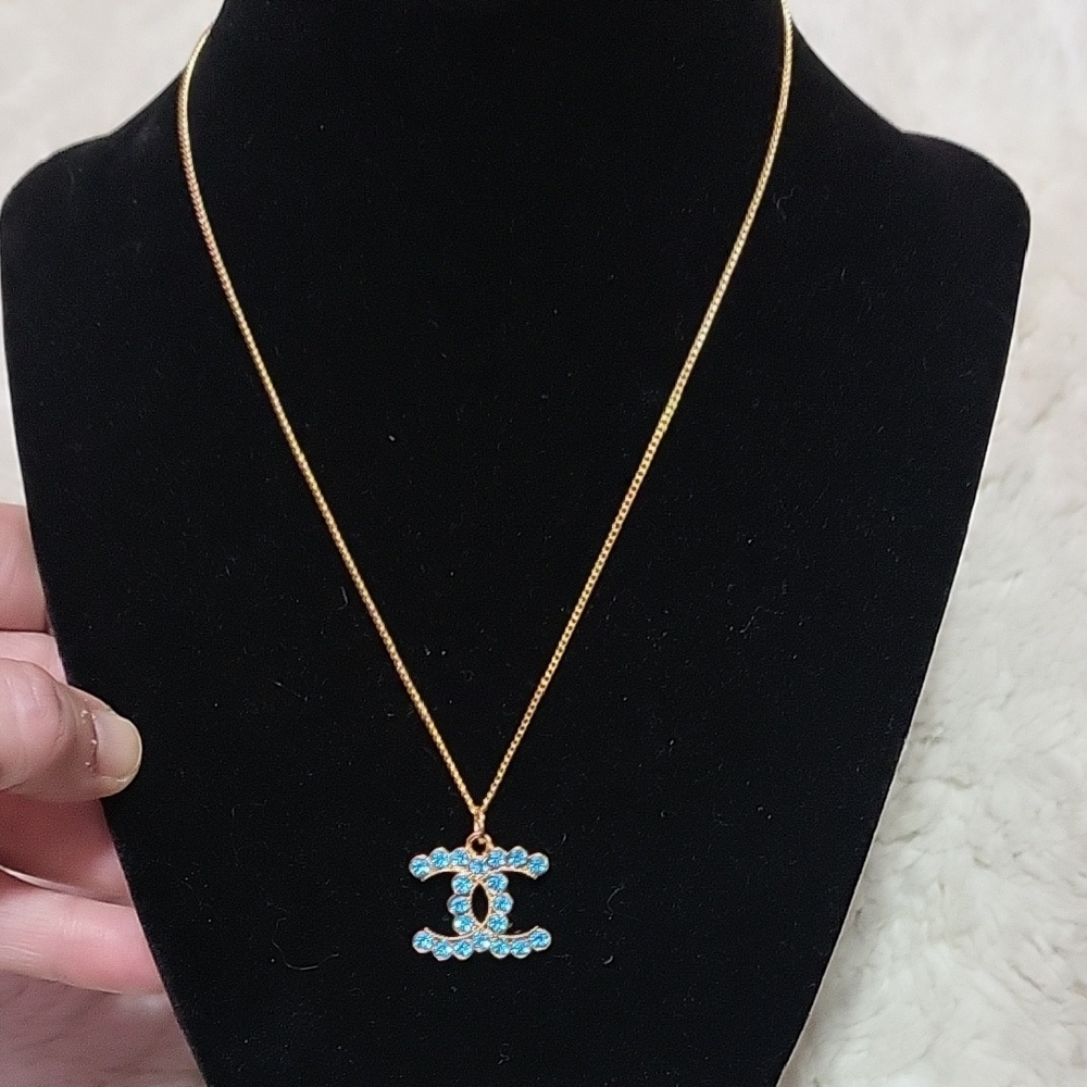 Gold Necklace with Blue Accents Zipper Pull